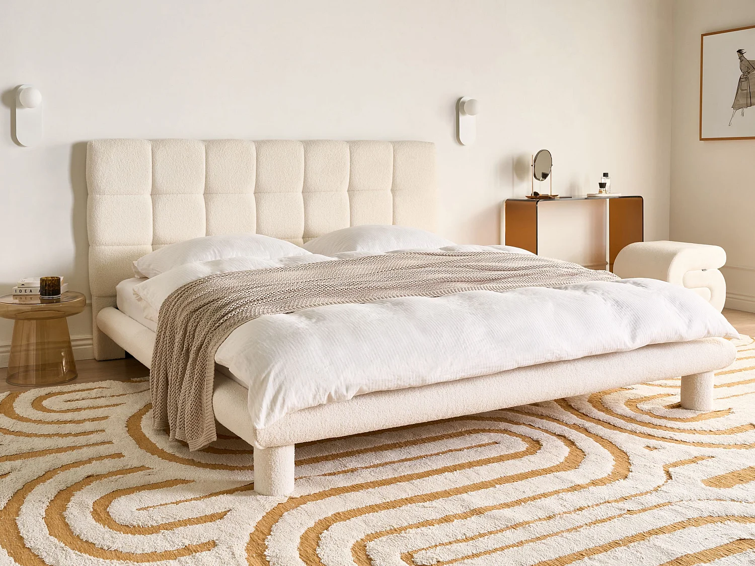 Lit avec sommier Bouclé CRESSAT 180 x 200 cm Blanc cassé