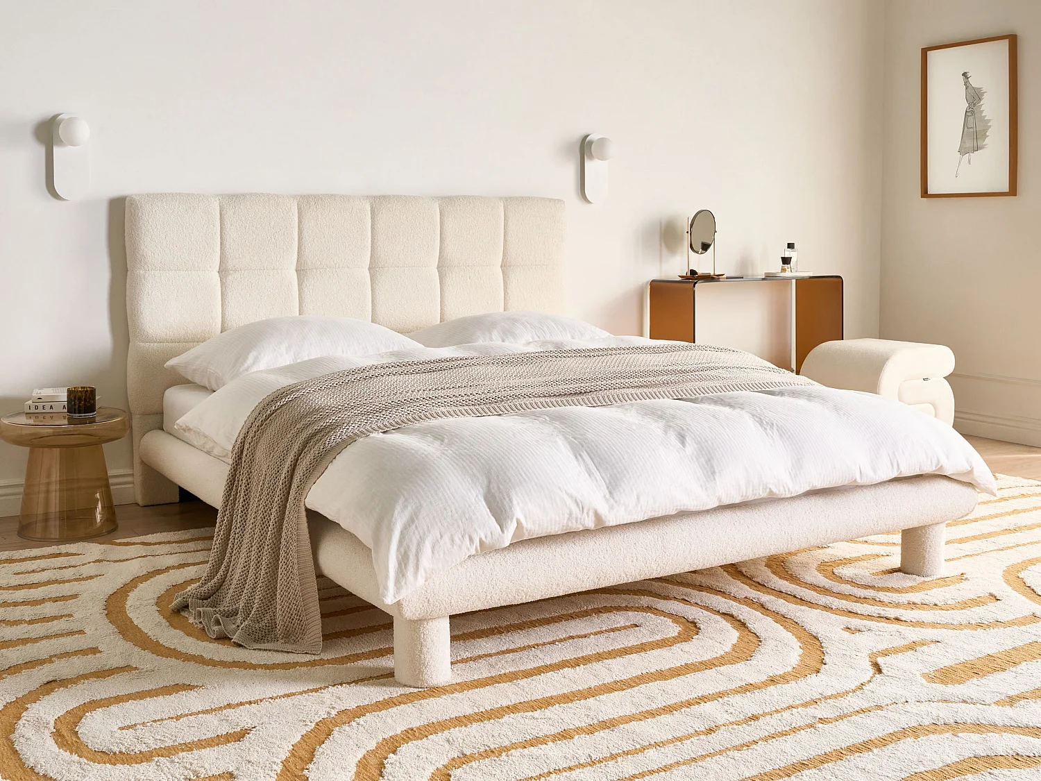 Bed Boucle CRESSAT 160 x 200 cm (EU King Size) Off-White