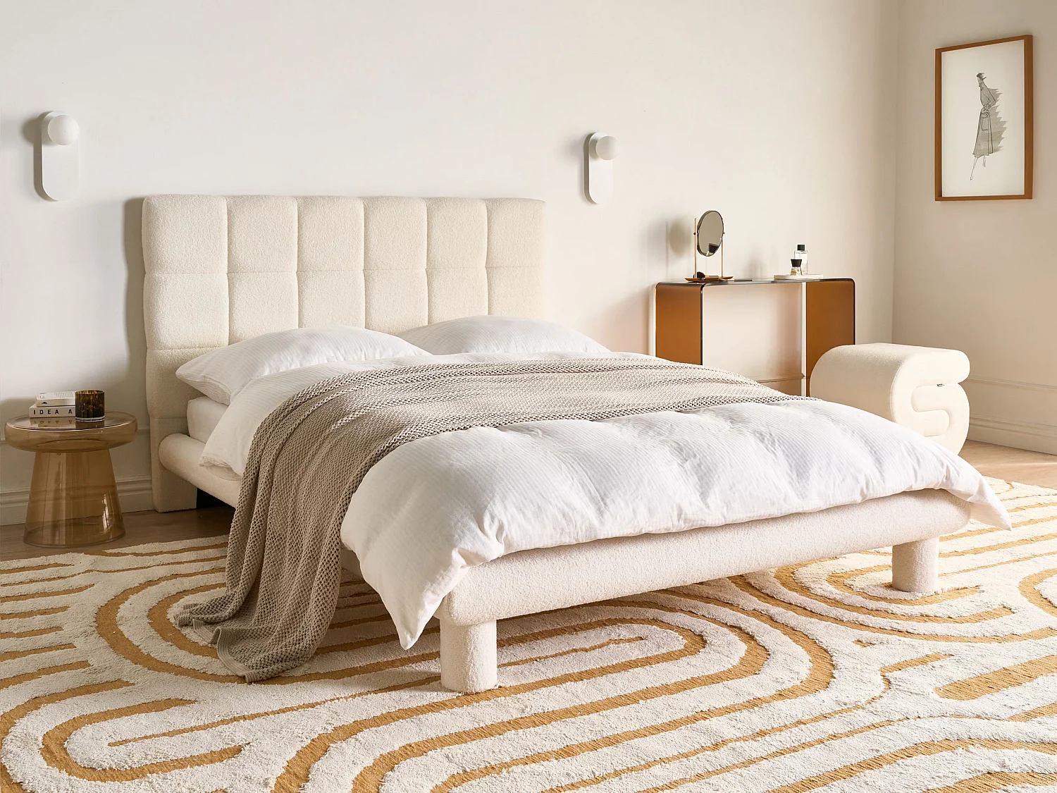 Bed Boucle CRESSAT 140 x 200 cm (EU Double) Off-White