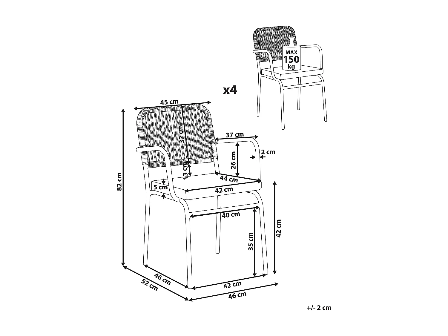 Lot de 4 chaises de jardin avec coussins TACENO Métal Gris