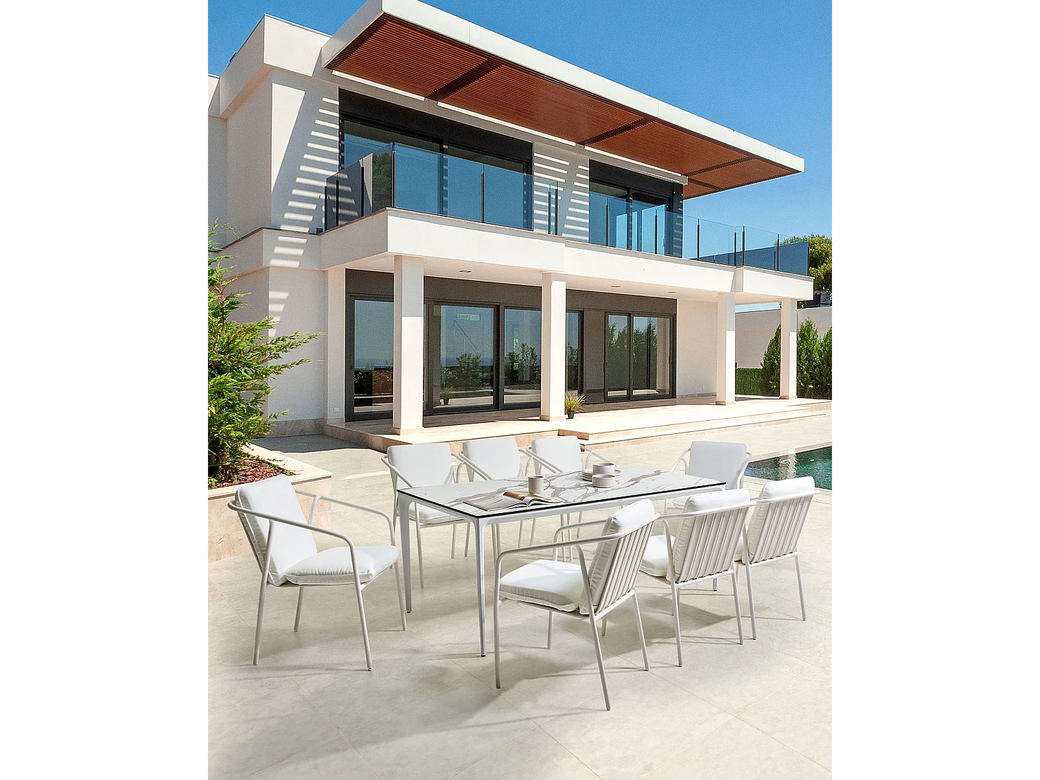 Lot de 8 chaises de jardin avec coussins ASCIANO Métal Blanc