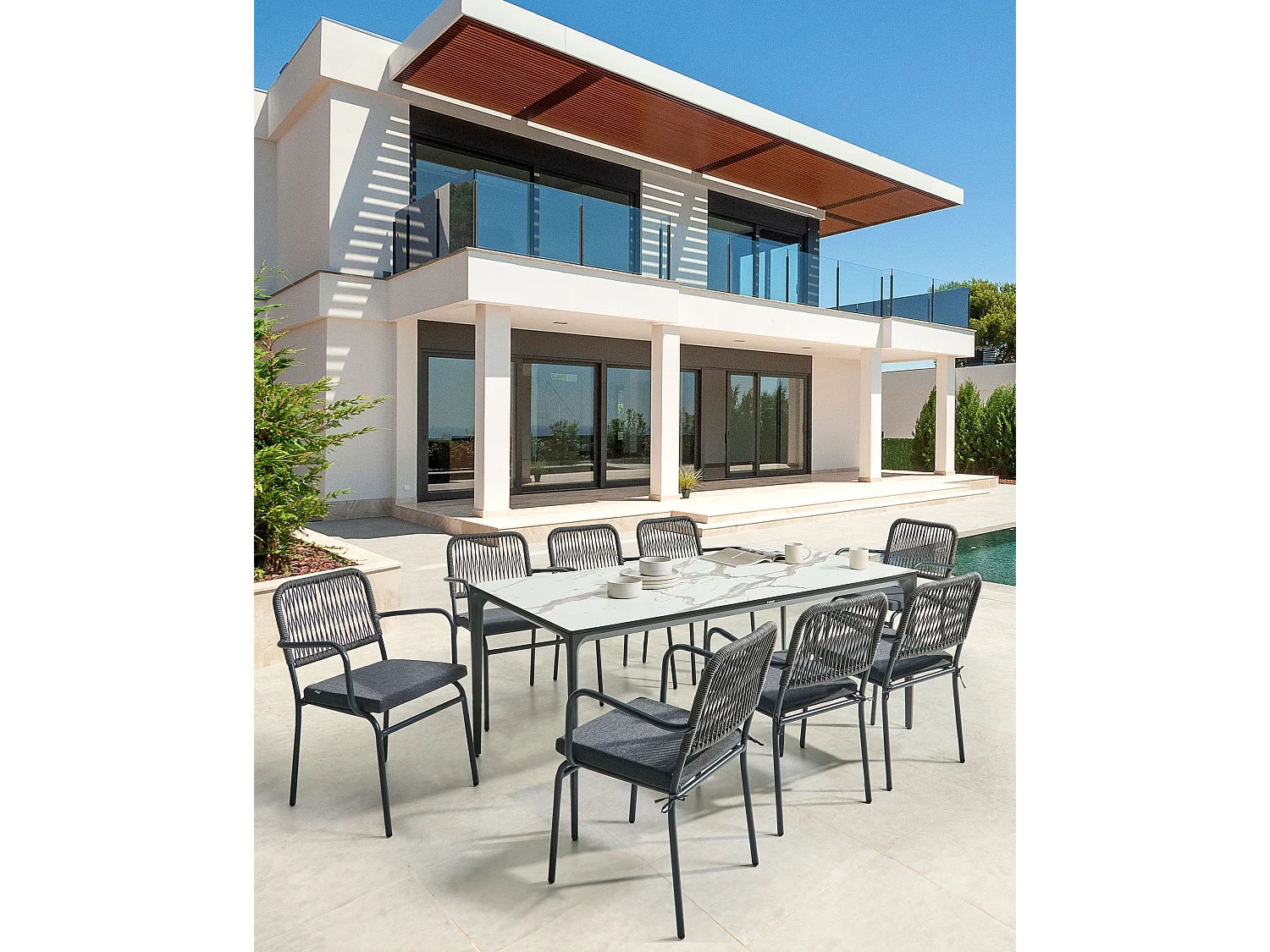 Lot de 8 chaises de jardin avec coussins TACENO Métal Gris