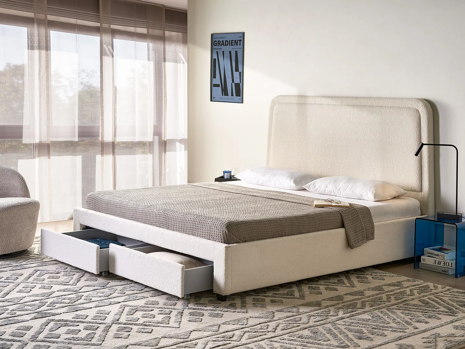 Lit avec tiroirs de rangement Bouclé SARDENT 180 x 200 cm Blanc cassé