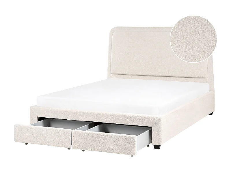Lit avec tiroirs de rangement Bouclé SARDENT 160 x 200 cm Blanc cassé