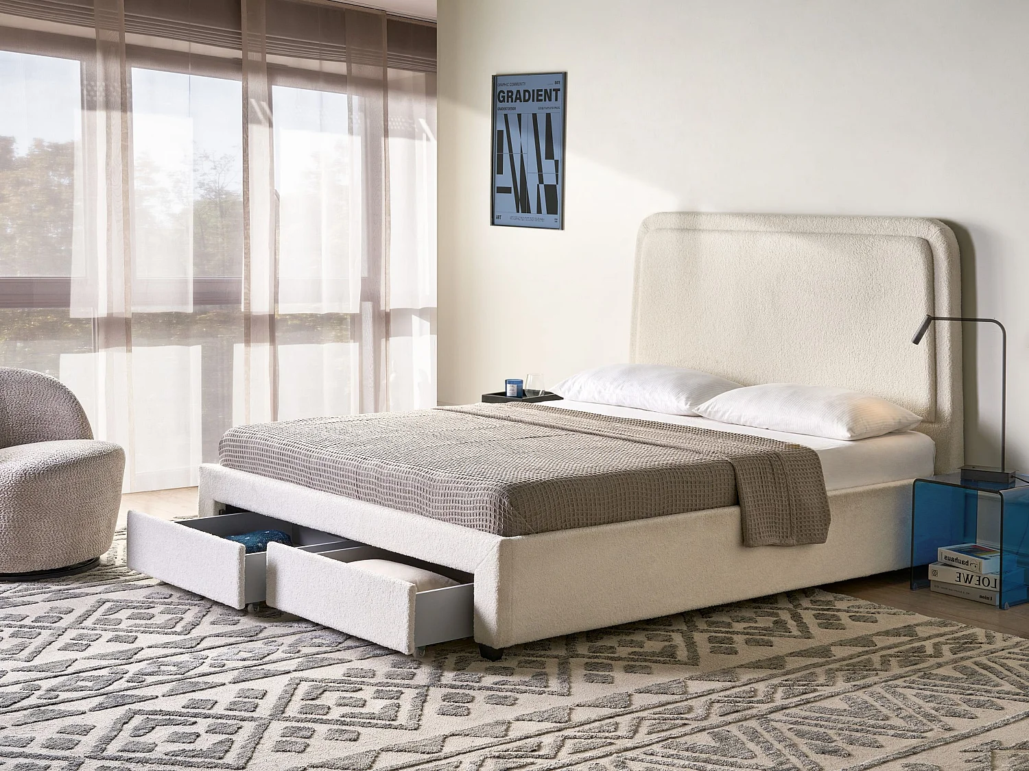 Lit avec tiroirs de rangement Bouclé SARDENT 160 x 200 cm Blanc cassé