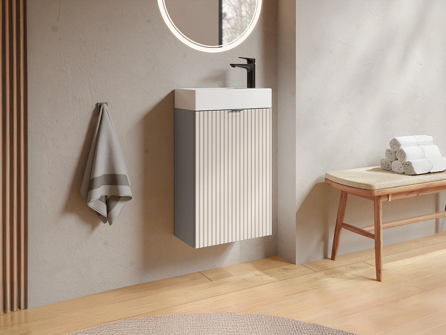 Meuble lave main strié porte réversible beige - H60 x L40 x P22 - VAHIRA