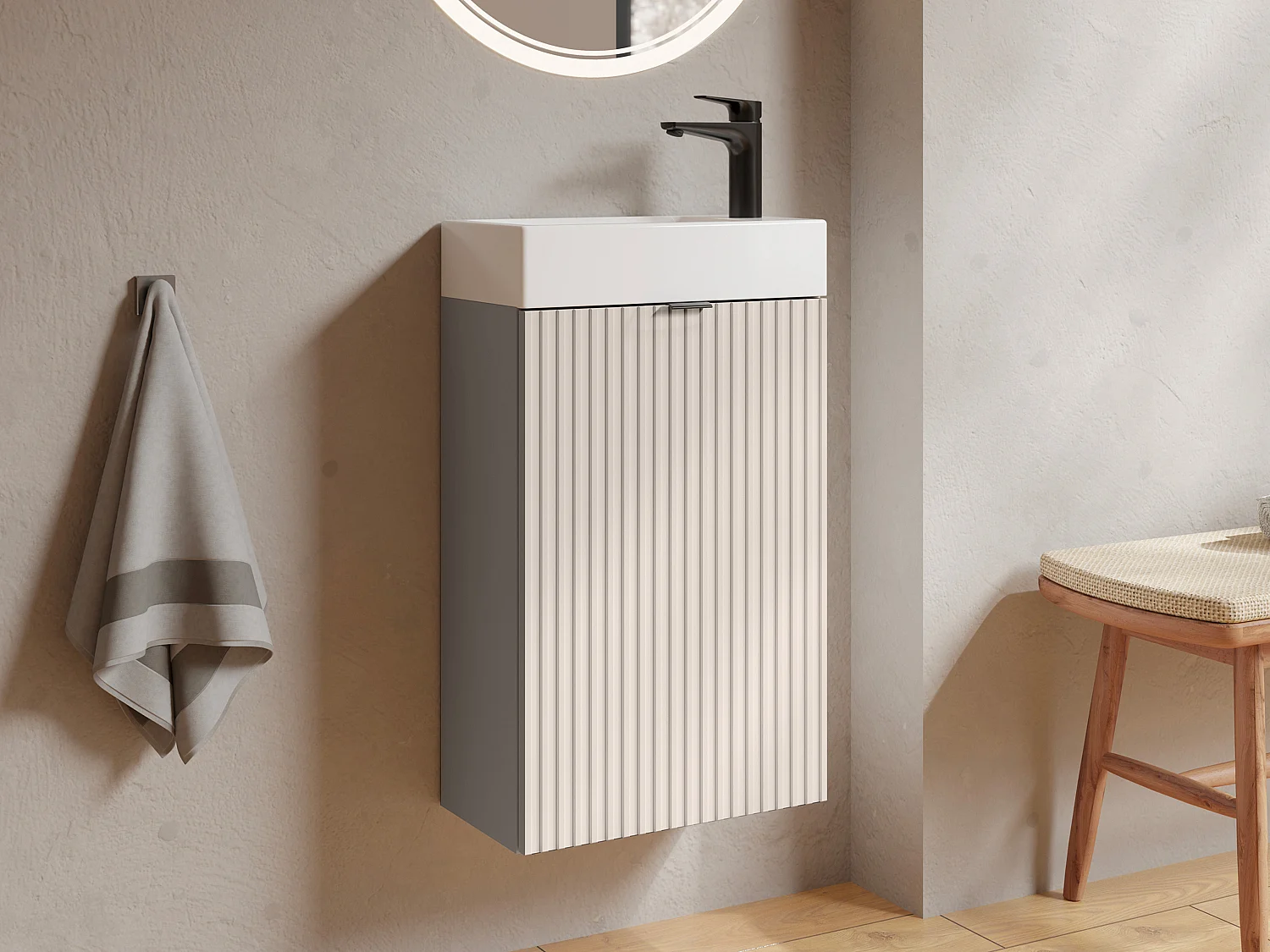 Meuble lave main strié porte réversible beige - H60 x L40 x P22 - VAHIRA