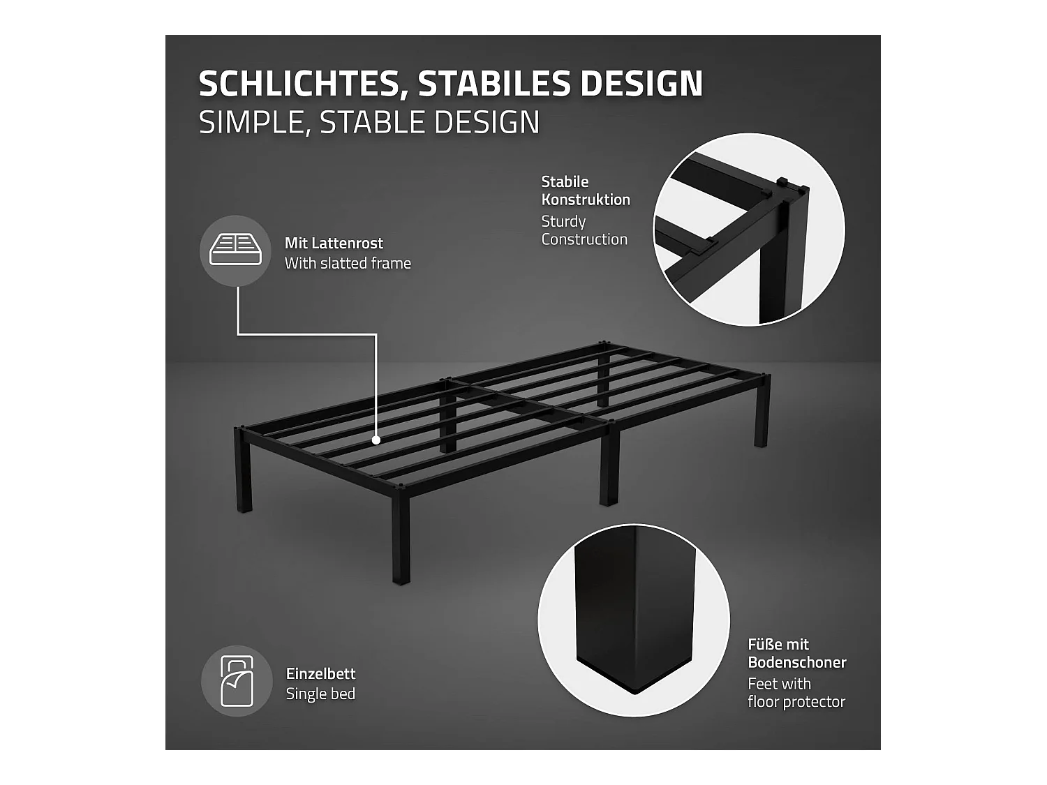 Letto singolo in metallo telaio in acciaio nero con rete a doghe 90 x 200 cm