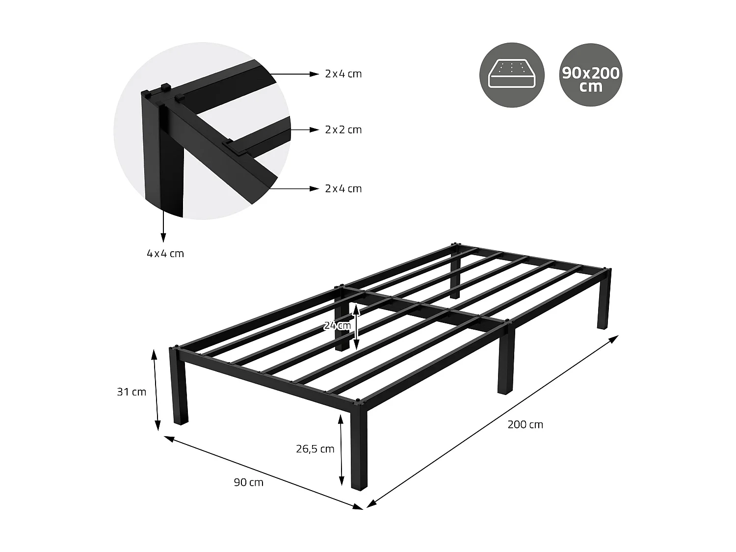 Cadre de lit en acier sommier à lattes noir moderne chambre à coucher 90x200 cm
