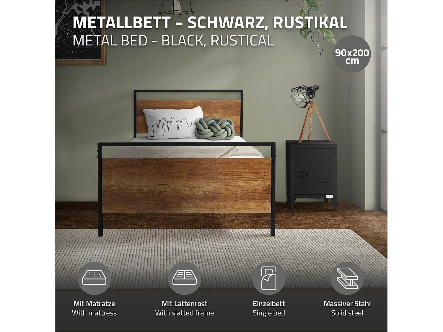 Lit en métal noir avec tête de lit en bois 90x200 cm avec matelas mousse 10 cm