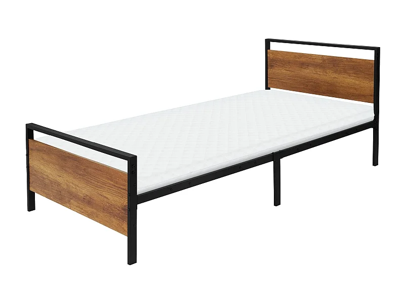 Lit en métal noir avec tête de lit en bois 90x200 cm avec matelas mousse 10 cm