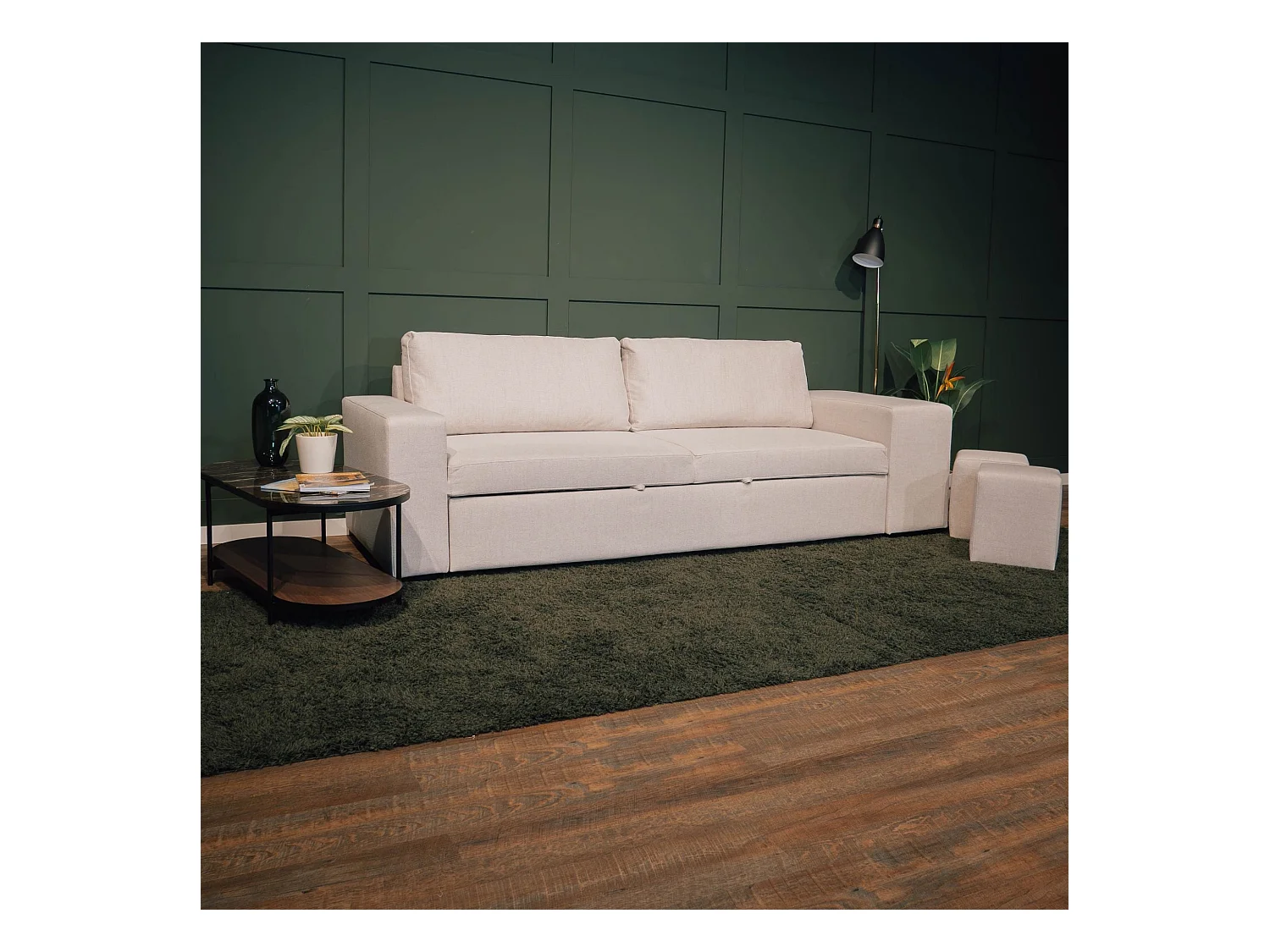 BUDWING Canapé-Lit Avery Beige avec 2 Poufs - 3 Places - 248x117x90 cm