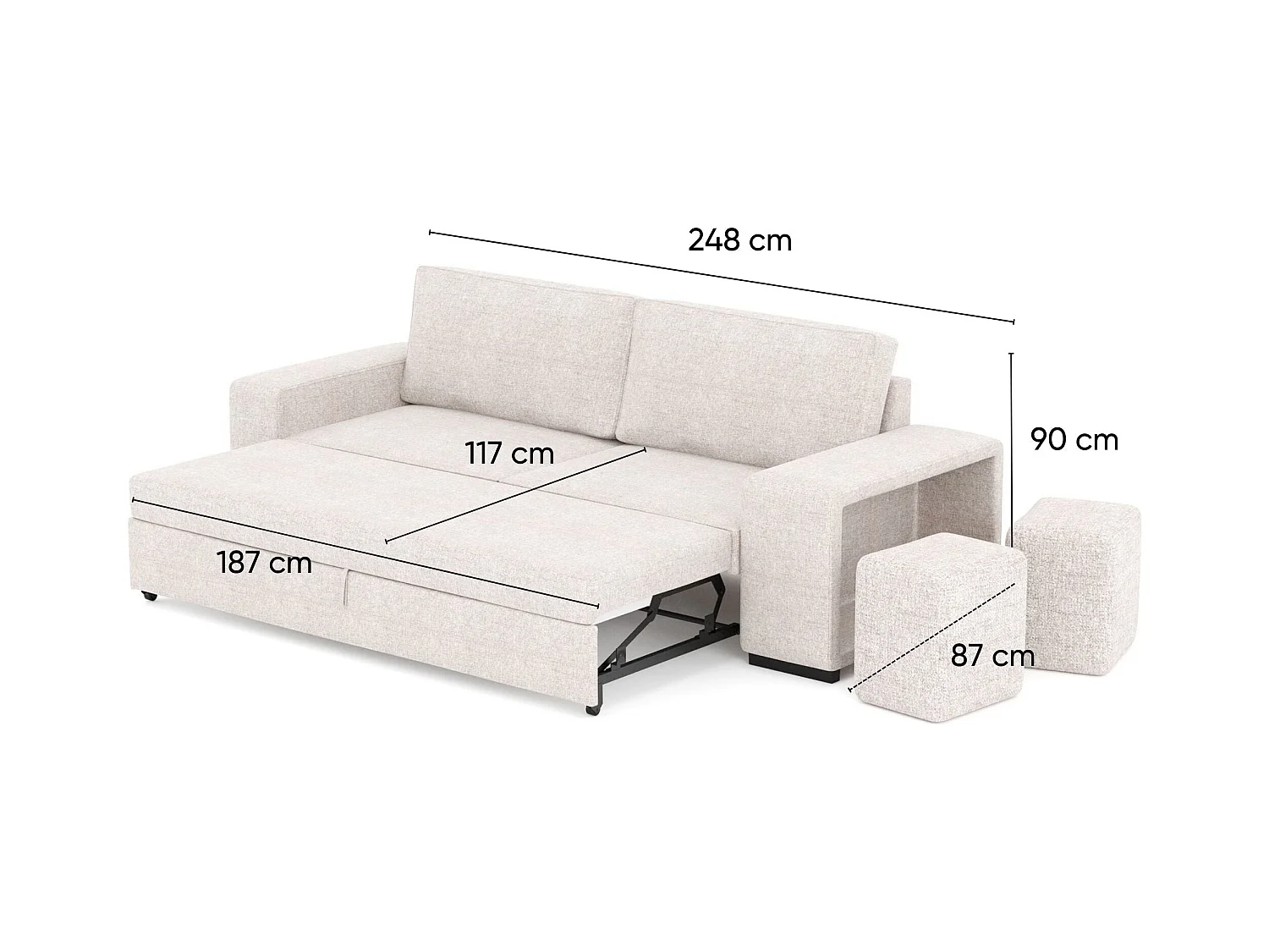 BUDWING Canapé-Lit Avery Beige avec 2 Poufs - 3 Places - 248x117x90 cm