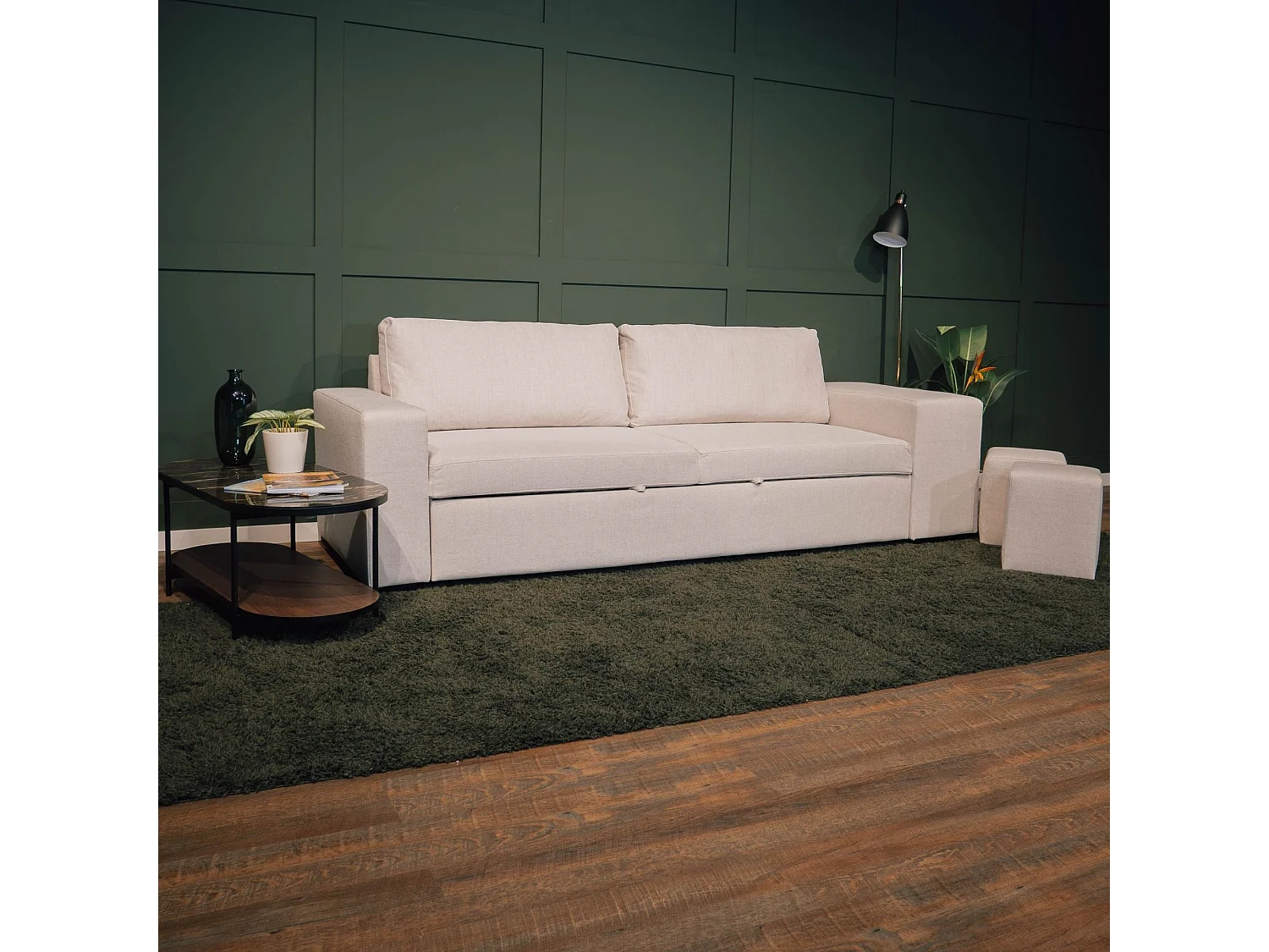 BUDWING Canapé-Lit Avery Beige avec 2 Poufs - 3 Places - 248x117x90 cm