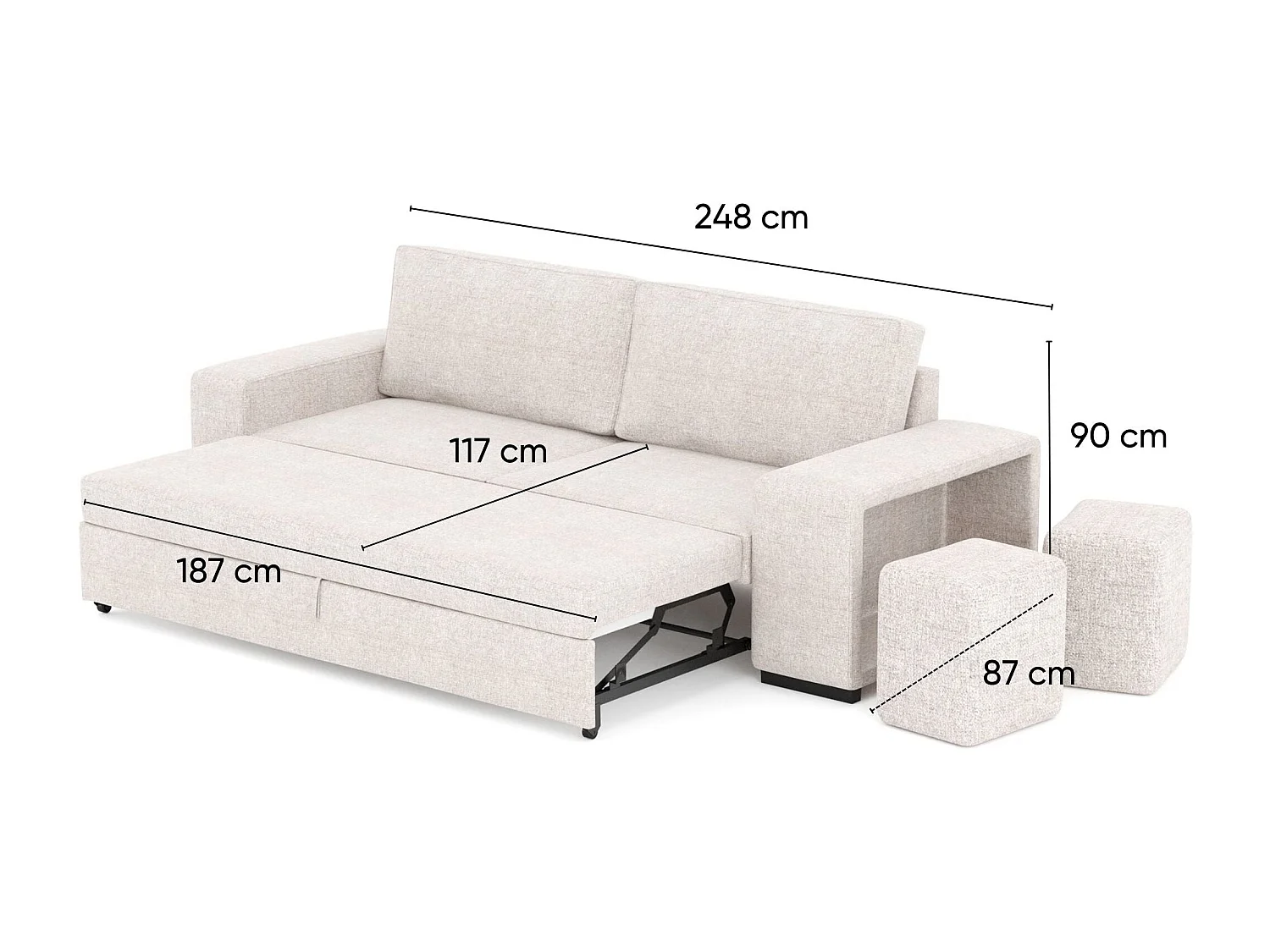 BUDWING Canapé-Lit Avery Beige avec 2 Poufs - 3 Places - 248x117x90 cm