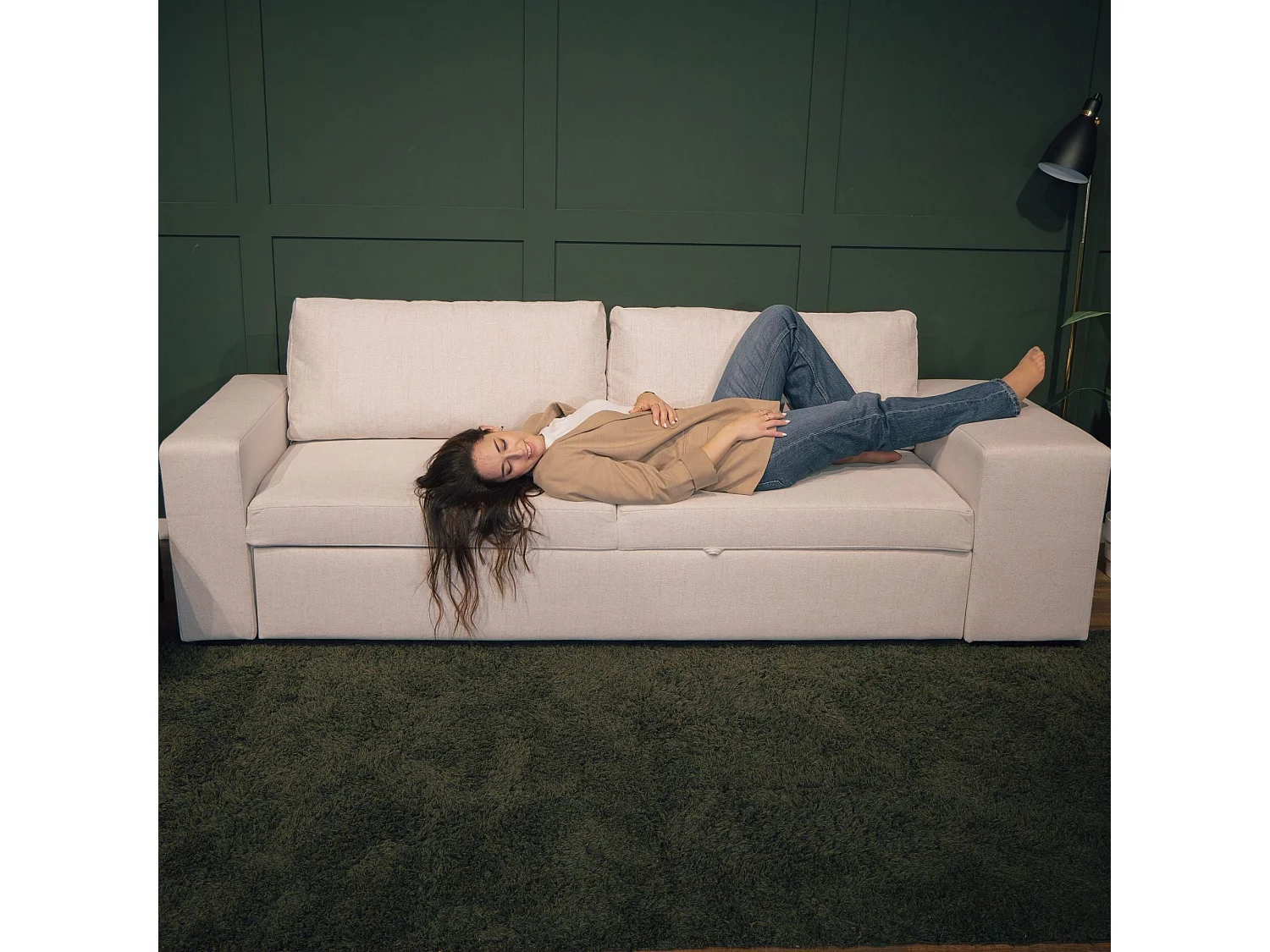 BUDWING Canapé-Lit Avery Beige avec 2 Poufs - 3 Places - 248x117x90 cm