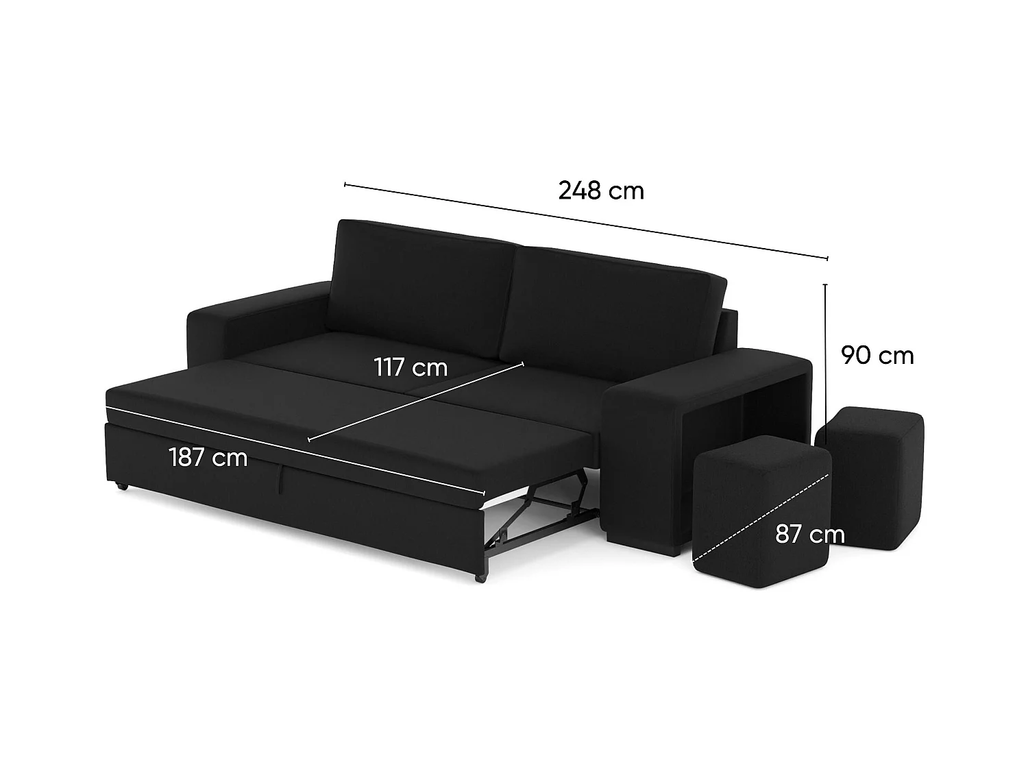 BUDWING Canapé-Lit Avery Noir avec 2 Poufs - 3 Places - 248x117x90 cm