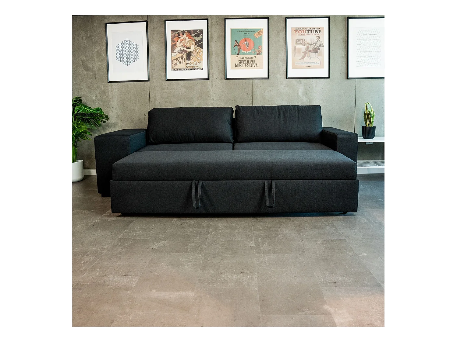 BUDWING Canapé-Lit Avery Noir avec 2 Poufs - 3 Places - 248x117x90 cm