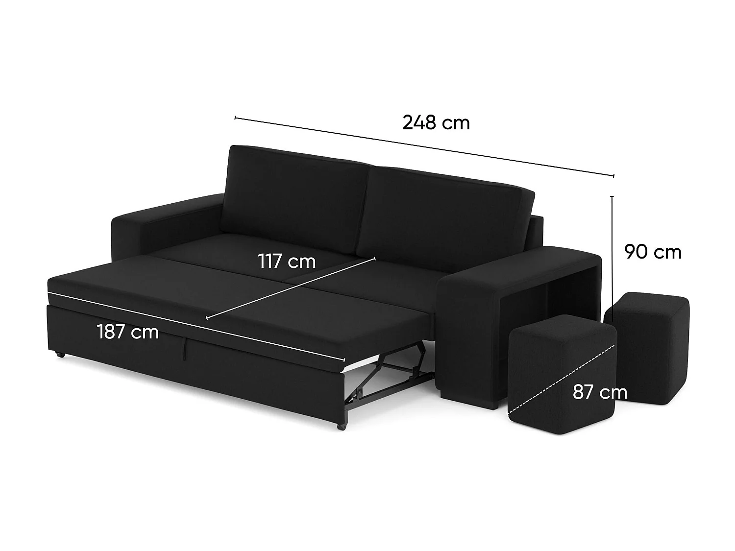 BUDWING Canapé-Lit Avery Noir avec 2 Poufs - 3 Places - 248x117x90 cm