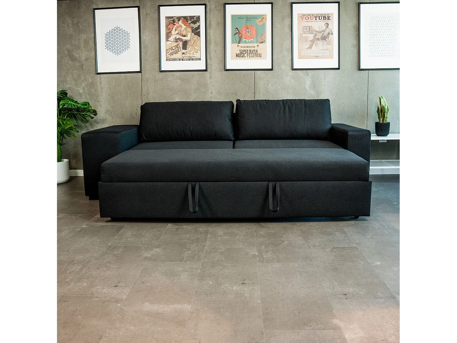 BUDWING Canapé-Lit Avery Noir avec 2 Poufs - 3 Places - 248x117x90 cm