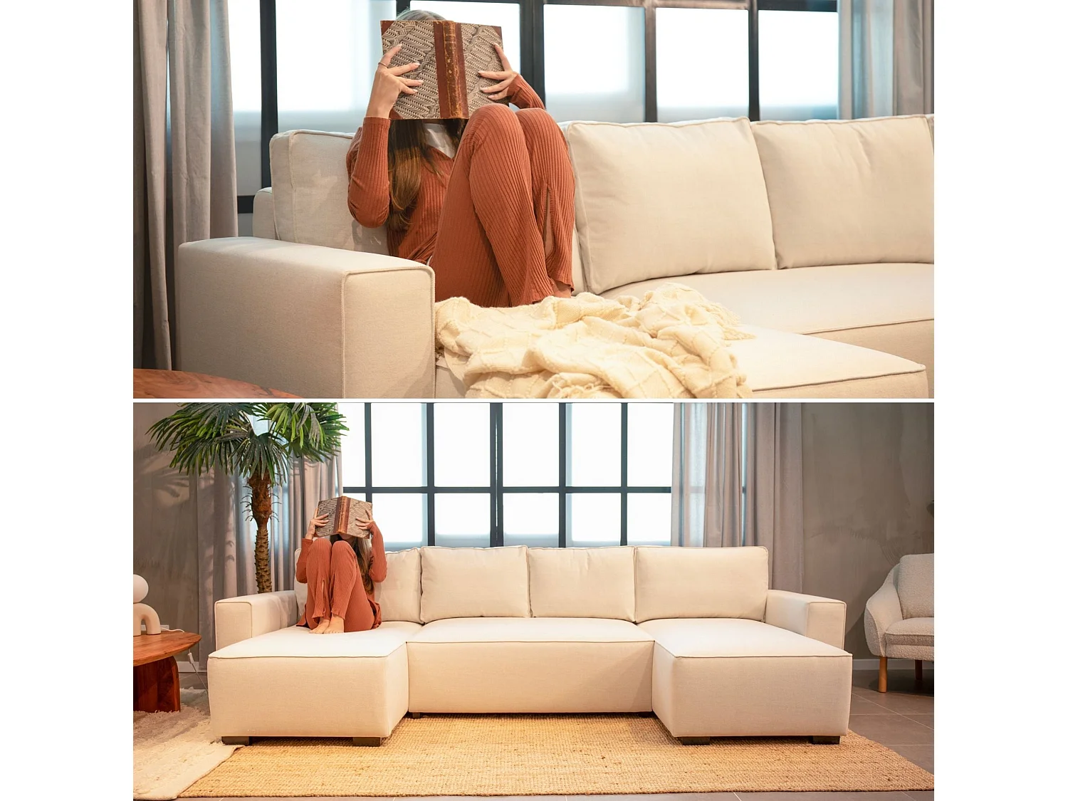 BUDWING Canapé-Lit Chaise Longue Jordan Beige - 5 Places - 317x157x91 cm