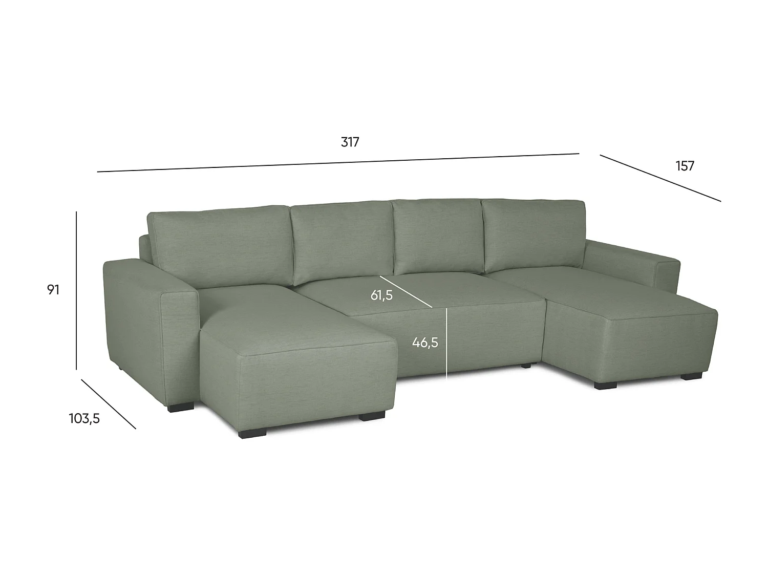 BUDWING Canapé-Lit Chaise Longue Jordan Vert - 5 Places - 317x157x91 cm