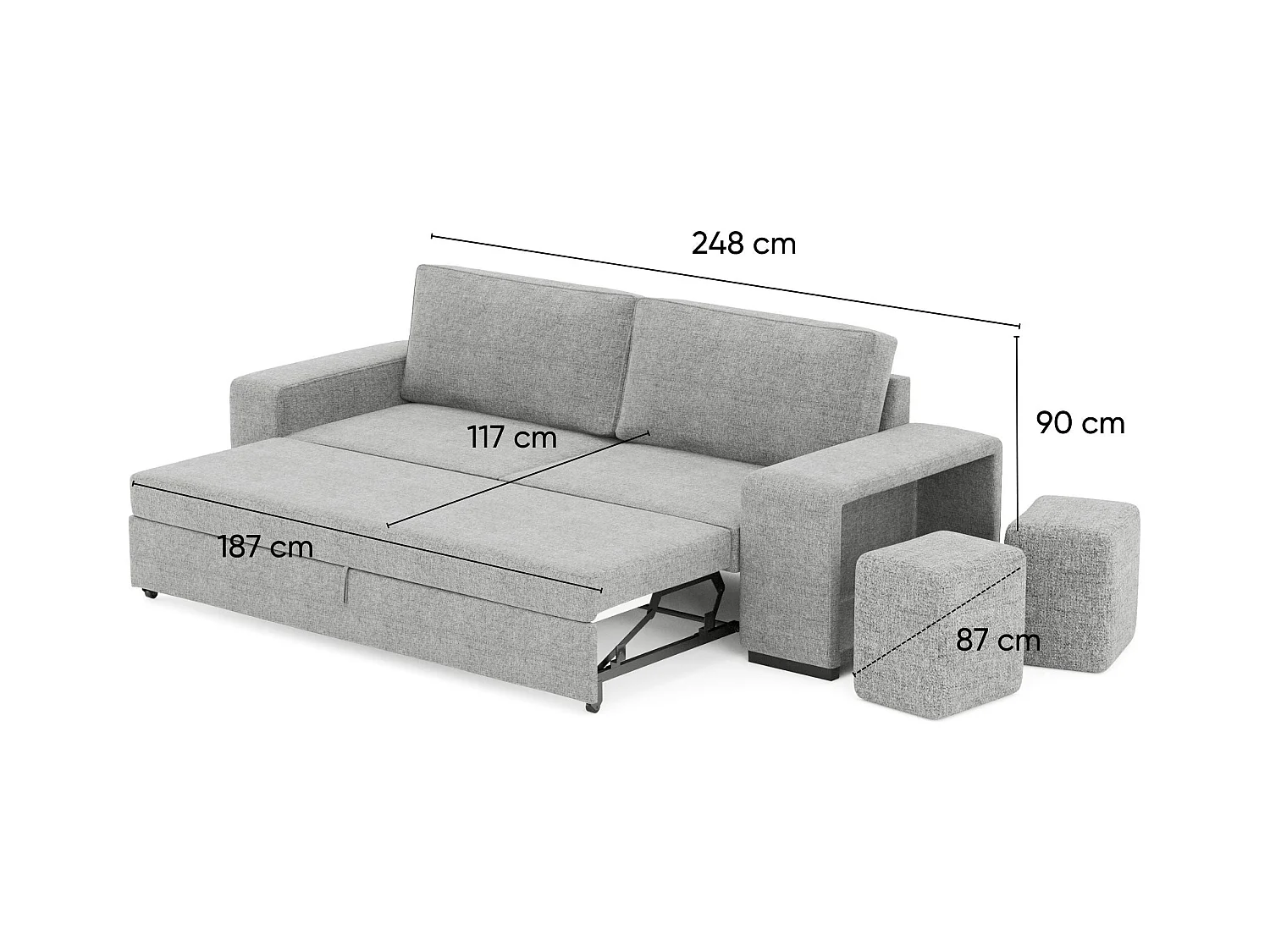 BUDWING Canapé-Lit Avery Gris avec 2 Poufs - 3 Places - 248x117x90 cm