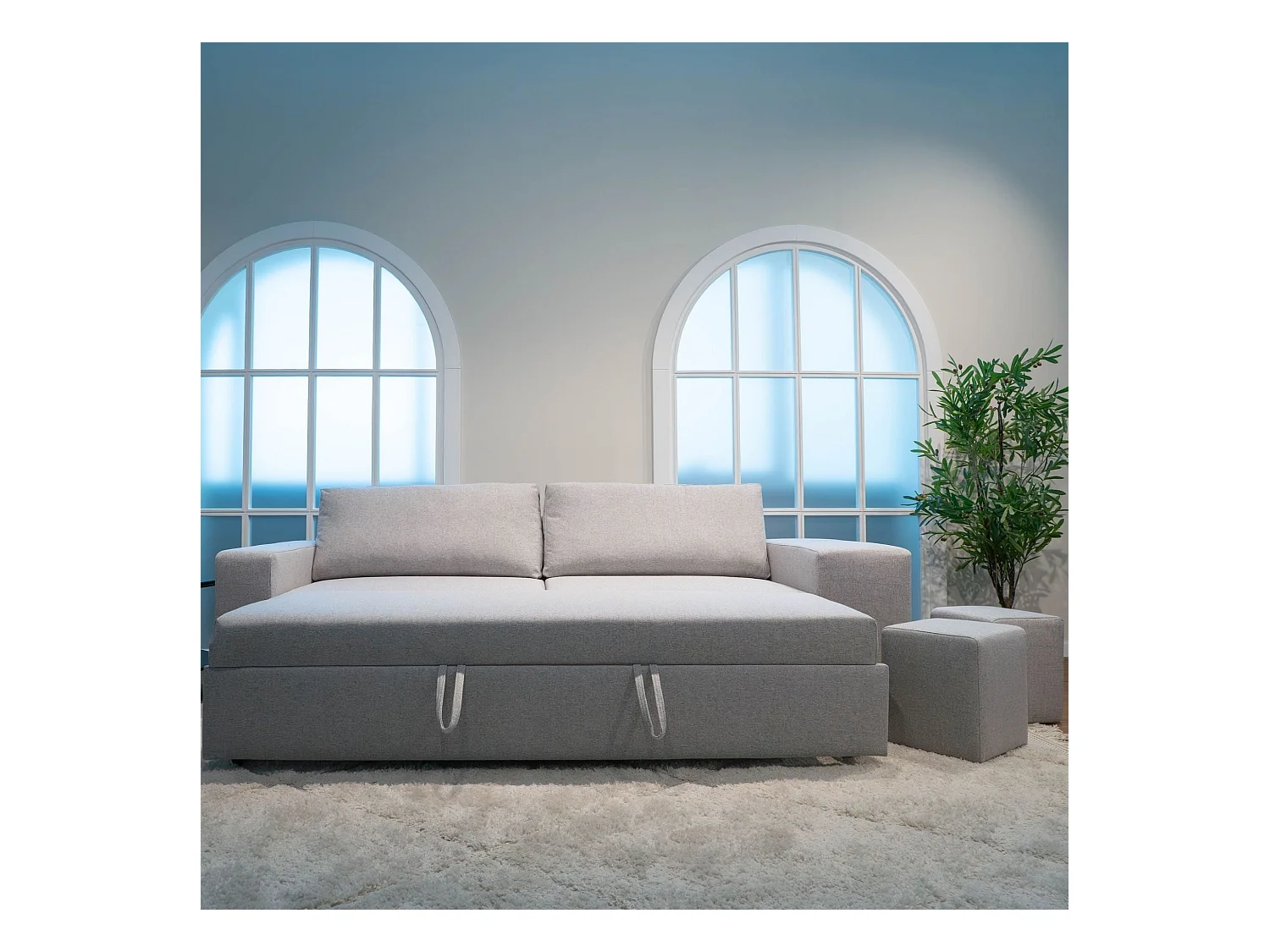 BUDWING Canapé-Lit Avery Gris avec 2 Poufs - 3 Places - 248x117x90 cm
