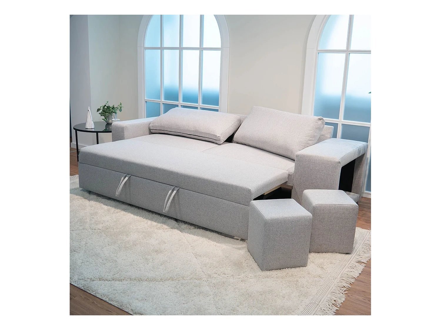 BUDWING Canapé-Lit Avery Gris avec 2 Poufs - 3 Places - 248x117x90 cm