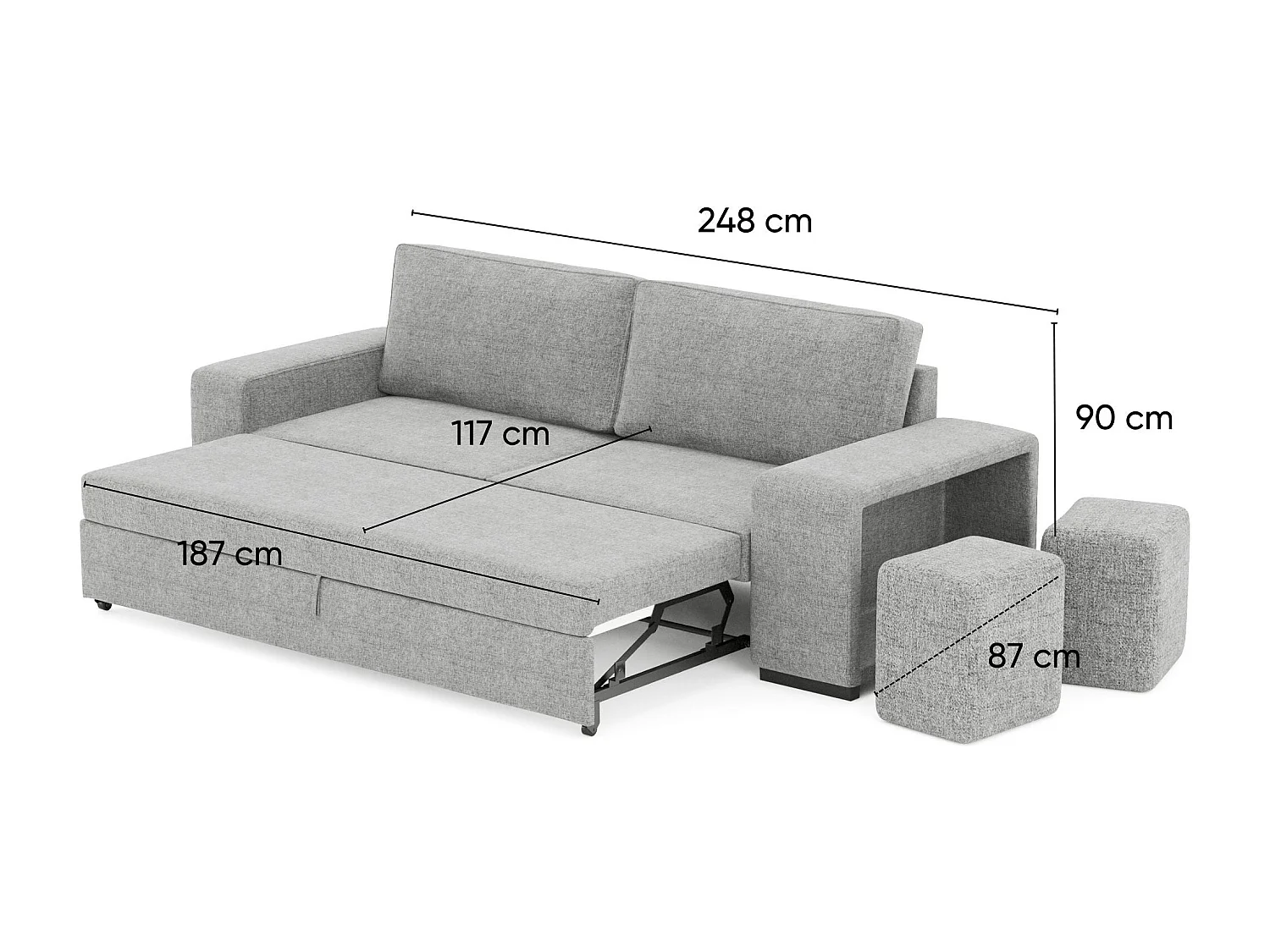 BUDWING Canapé-Lit Avery Gris avec 2 Poufs - 3 Places - 248x117x90 cm