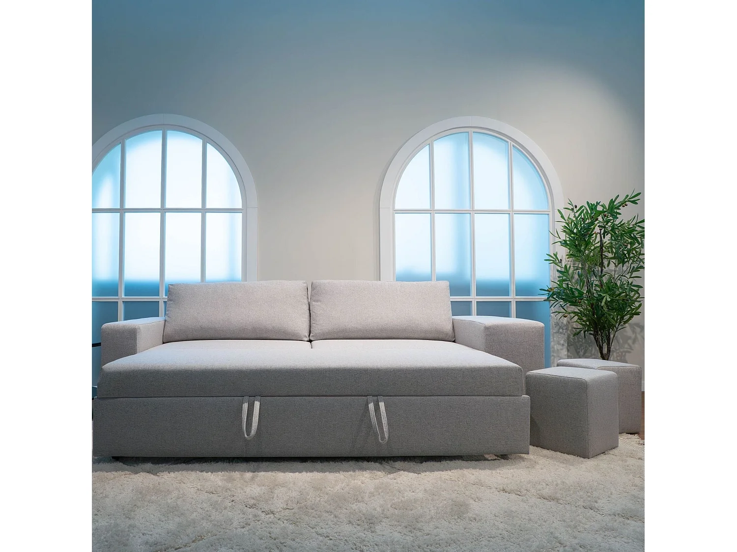 BUDWING Canapé-Lit Avery Gris avec 2 Poufs - 3 Places - 248x117x90 cm