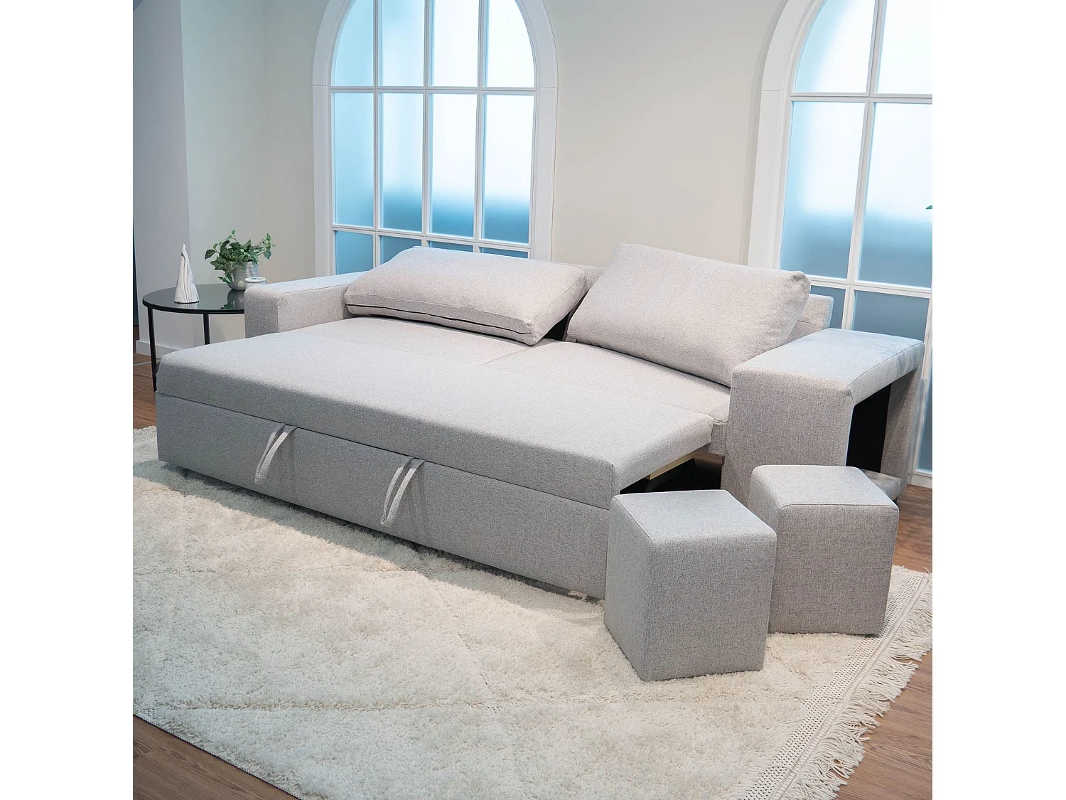 BUDWING Canapé-Lit Avery Gris avec 2 Poufs - 3 Places - 248x117x90 cm