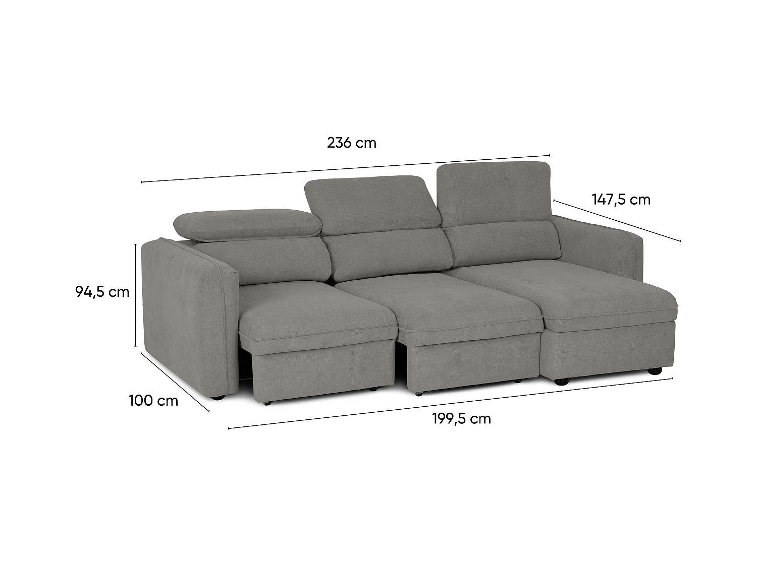 BUDWING Canapé-Lit Chaise Longue Morgan Gris - 4 Places - 236x148x95 cm