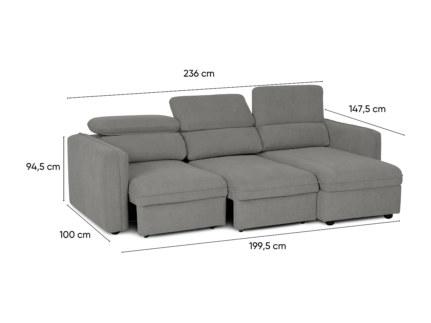 BUDWING Canapé-Lit Chaise Longue Morgan Gris - 4 Places - 236x148x95 cm