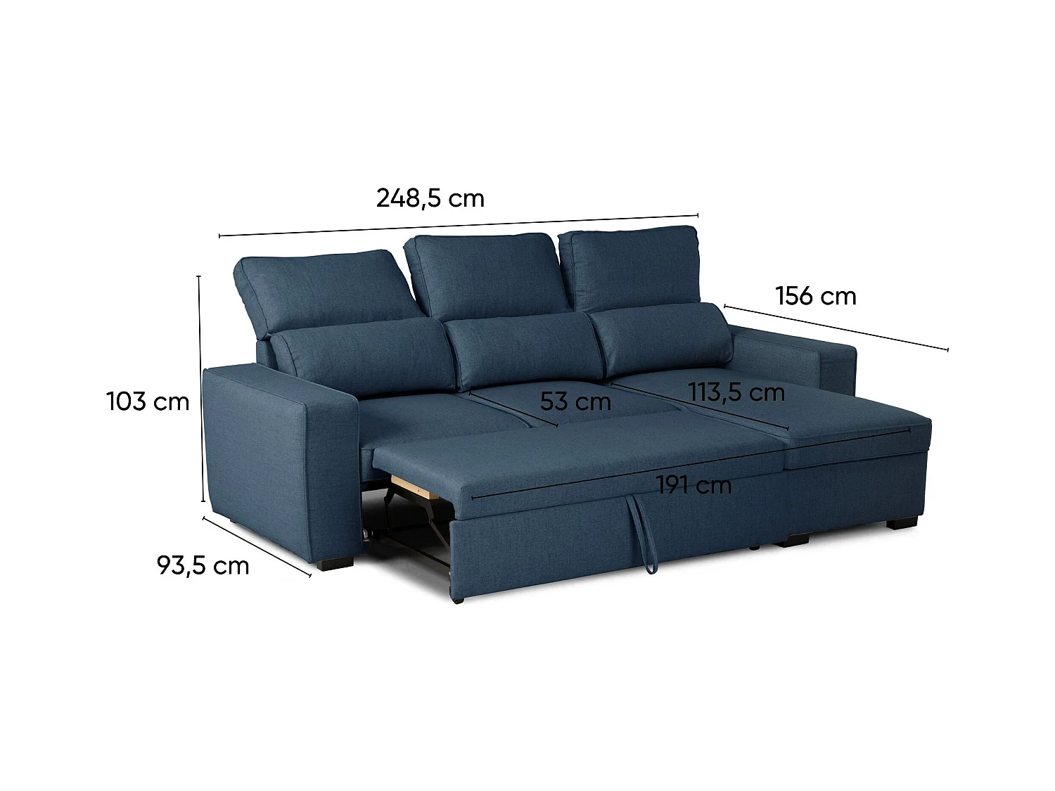 BUDWING Canapé-Lit Chaise Longue Harper Bleu - 4 Places - 248,5x156x103 cm