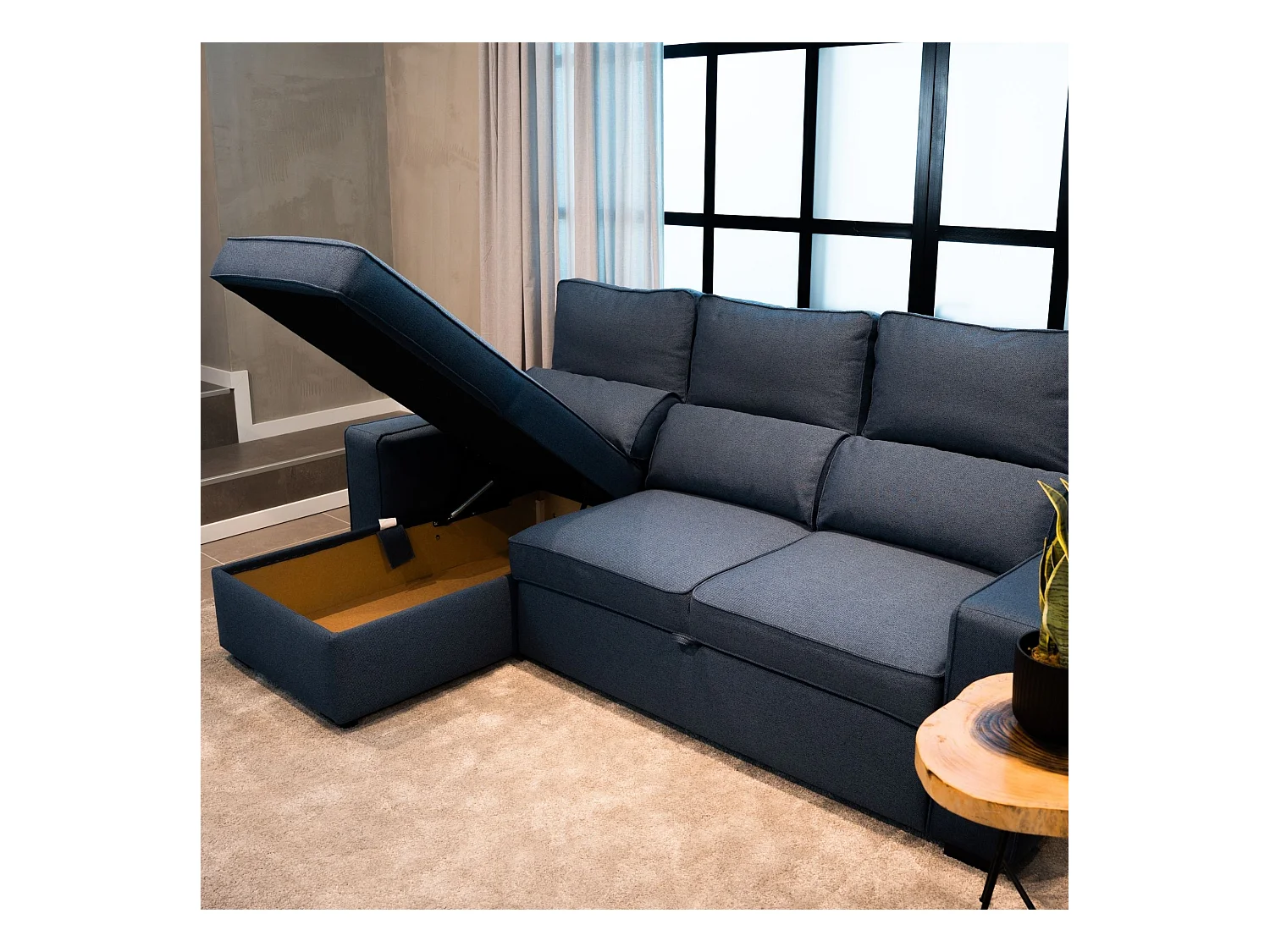 BUDWING Canapé-Lit Chaise Longue Harper Bleu - 4 Places - 248,5x156x103 cm