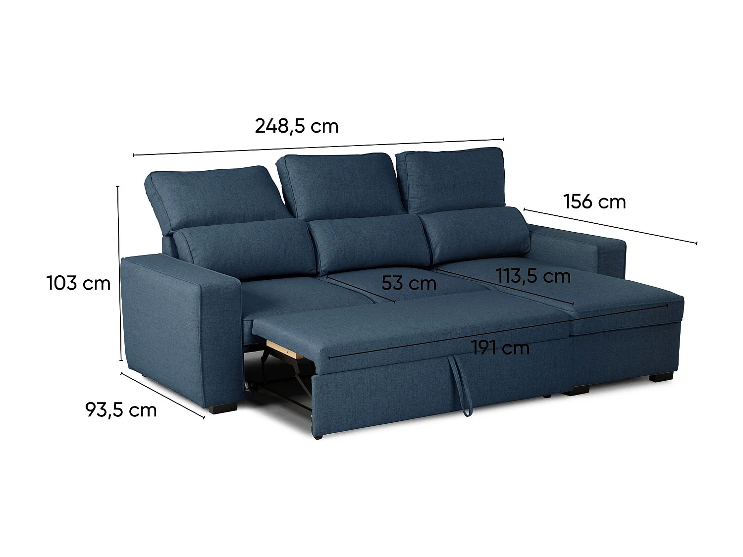 BUDWING Canapé-Lit Chaise Longue Harper Bleu - 4 Places - 248,5x156x103 cm