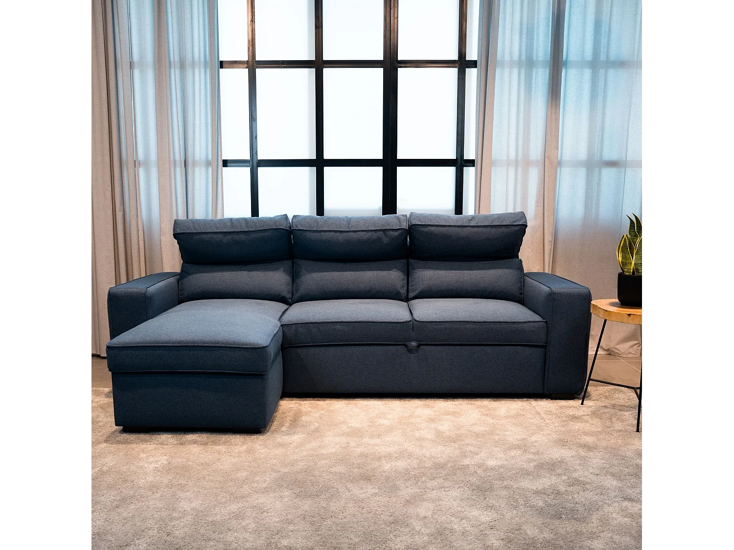 Canapé-lit 3 places Bleu - Chaise Longue Réversible Côté Droit/Gauche avec Rangement Intégré (248,5 x 117 x 103 cm) - HARPER