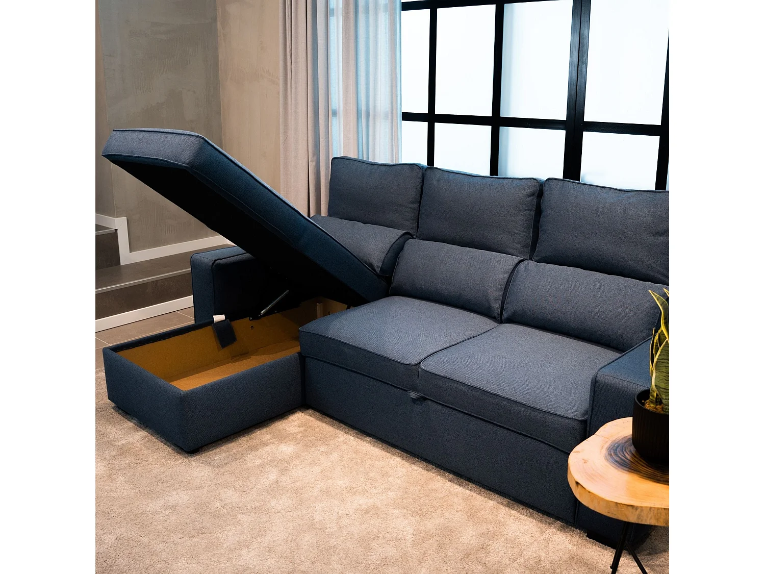 Canapé-lit 3 places Bleu - Chaise Longue Réversible Côté Droit/Gauche avec Rangement Intégré (248,5 x 117 x 103 cm) - HARPER