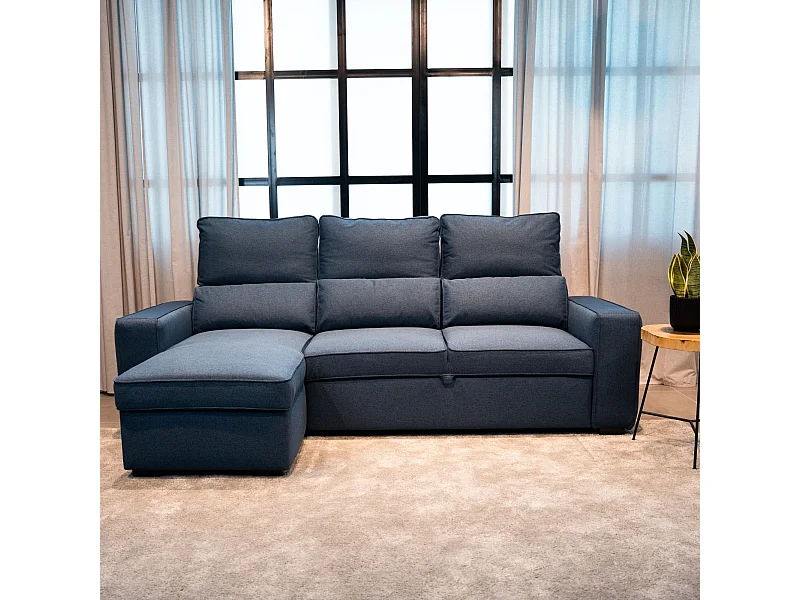 Sofá-cama 3 places Azul - chaise longue reversível lado direito/esquerdoche com arrumação integrada (248,5 x 117 x 103 cm) - HARPER