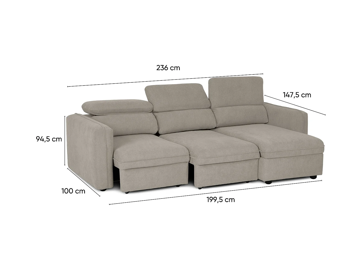 BUDWING Canapé-Lit Chaise Longue Morgan Beige - 4 Places - 236x148x95 cm