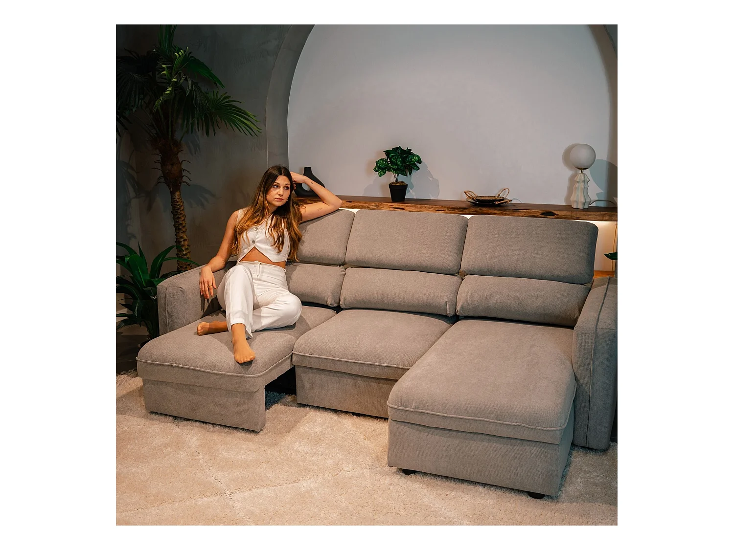 BUDWING Canapé-Lit Chaise Longue Morgan Beige - 4 Places - 236x148x95 cm