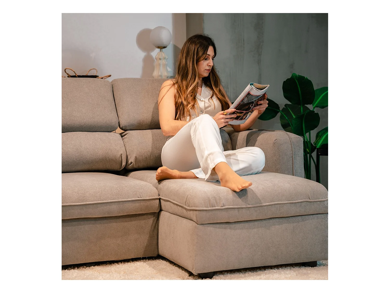 BUDWING Canapé-Lit Chaise Longue Morgan Beige - 4 Places - 236x148x95 cm