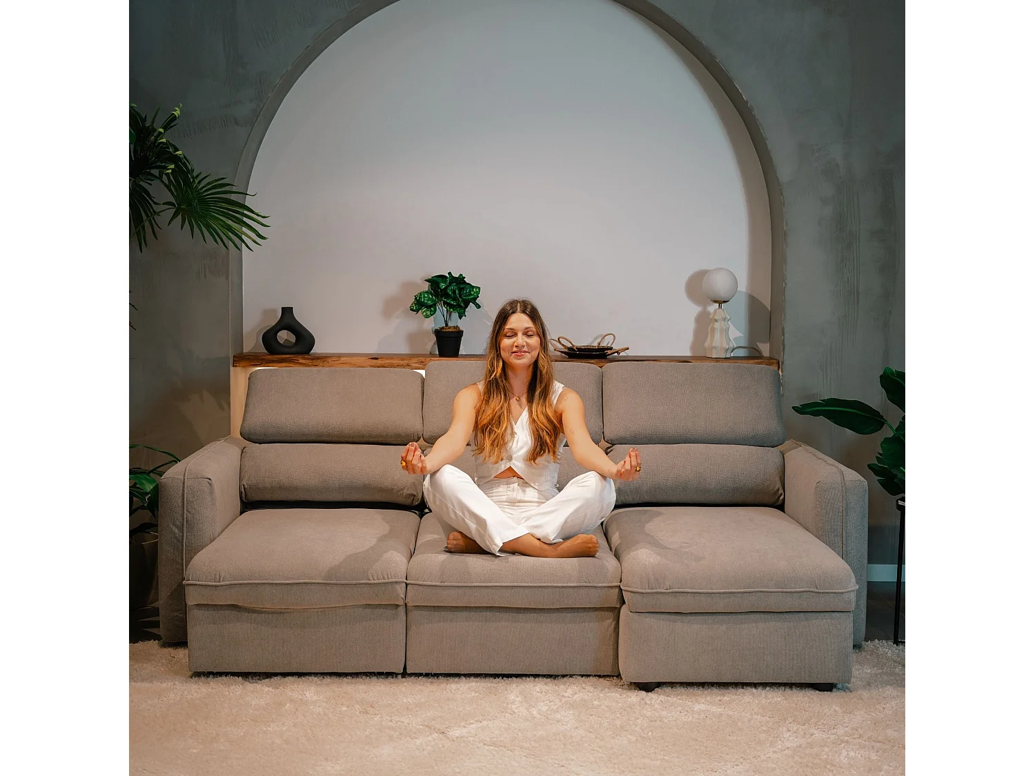 BUDWING Canapé-Lit Chaise Longue Morgan Beige - 4 Places - 236x148x95 cm