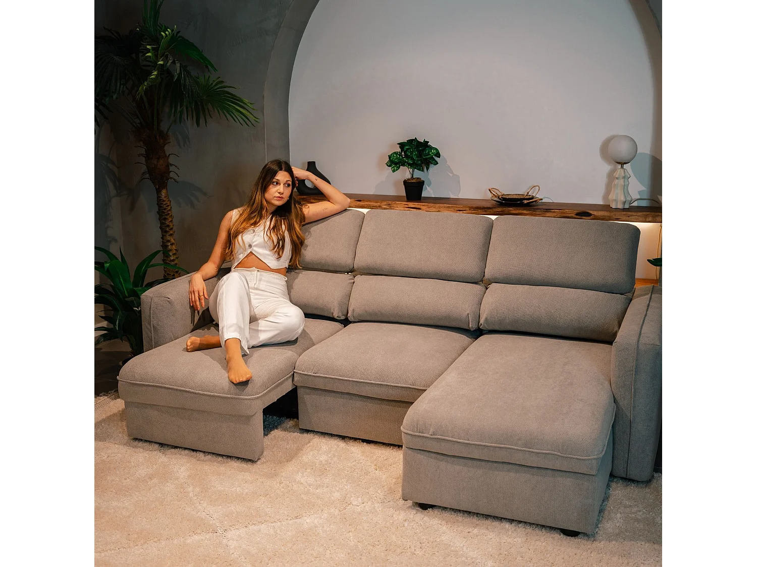 BUDWING Canapé-Lit Chaise Longue Morgan Beige - 4 Places - 236x148x95 cm