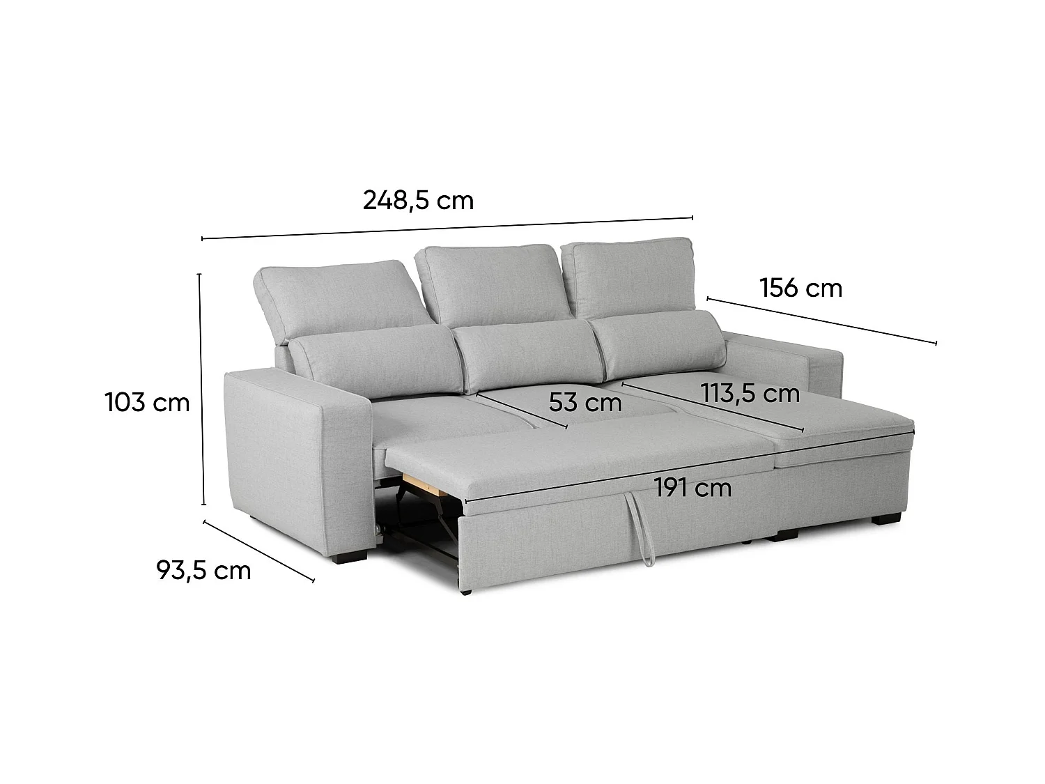 BUDWING Canapé-Lit Chaise Longue Harper Gris - 4 Places - 248,5x156x103 cm