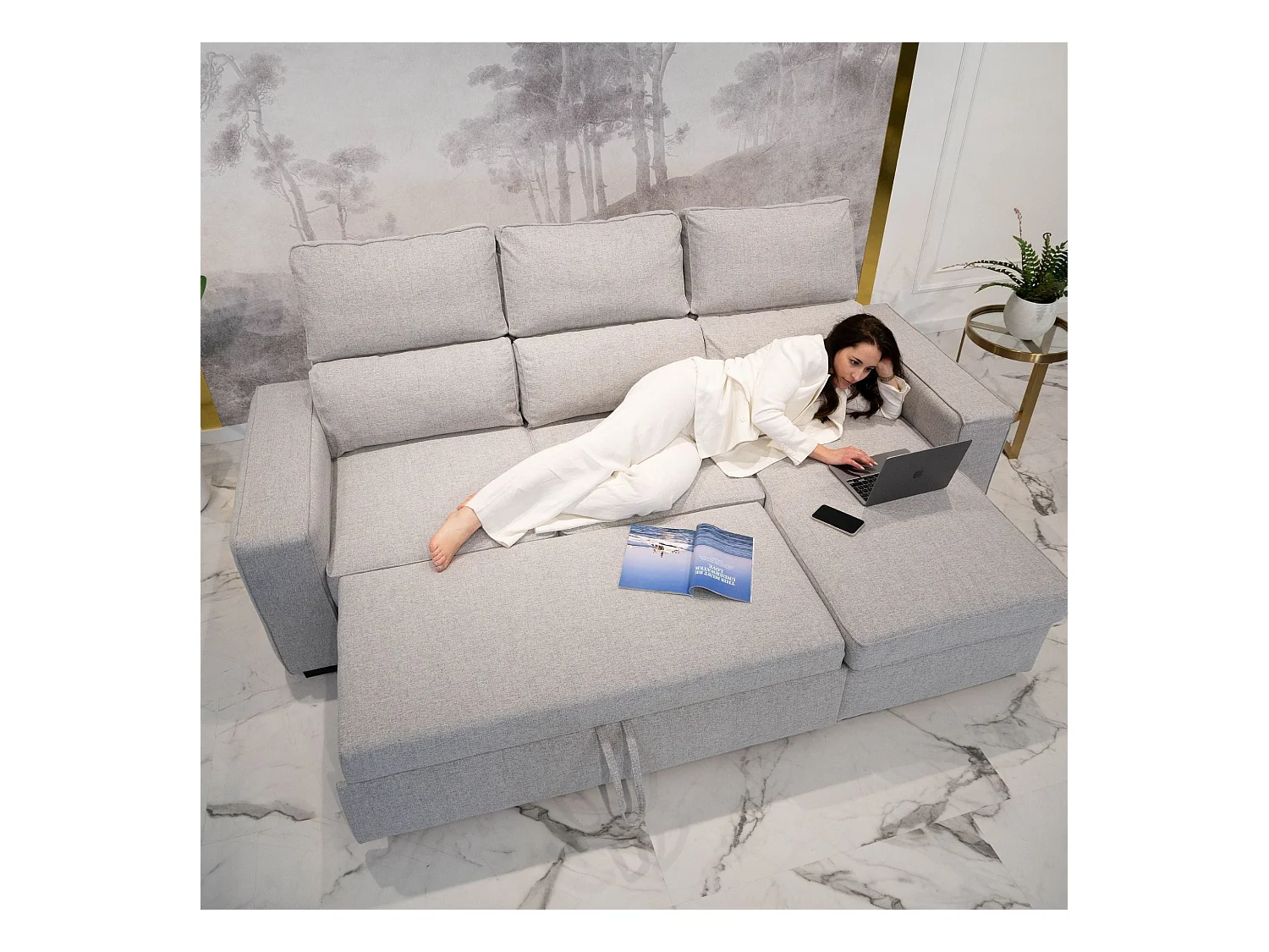 BUDWING Canapé-Lit Chaise Longue Harper Gris - 4 Places - 248,5x156x103 cm