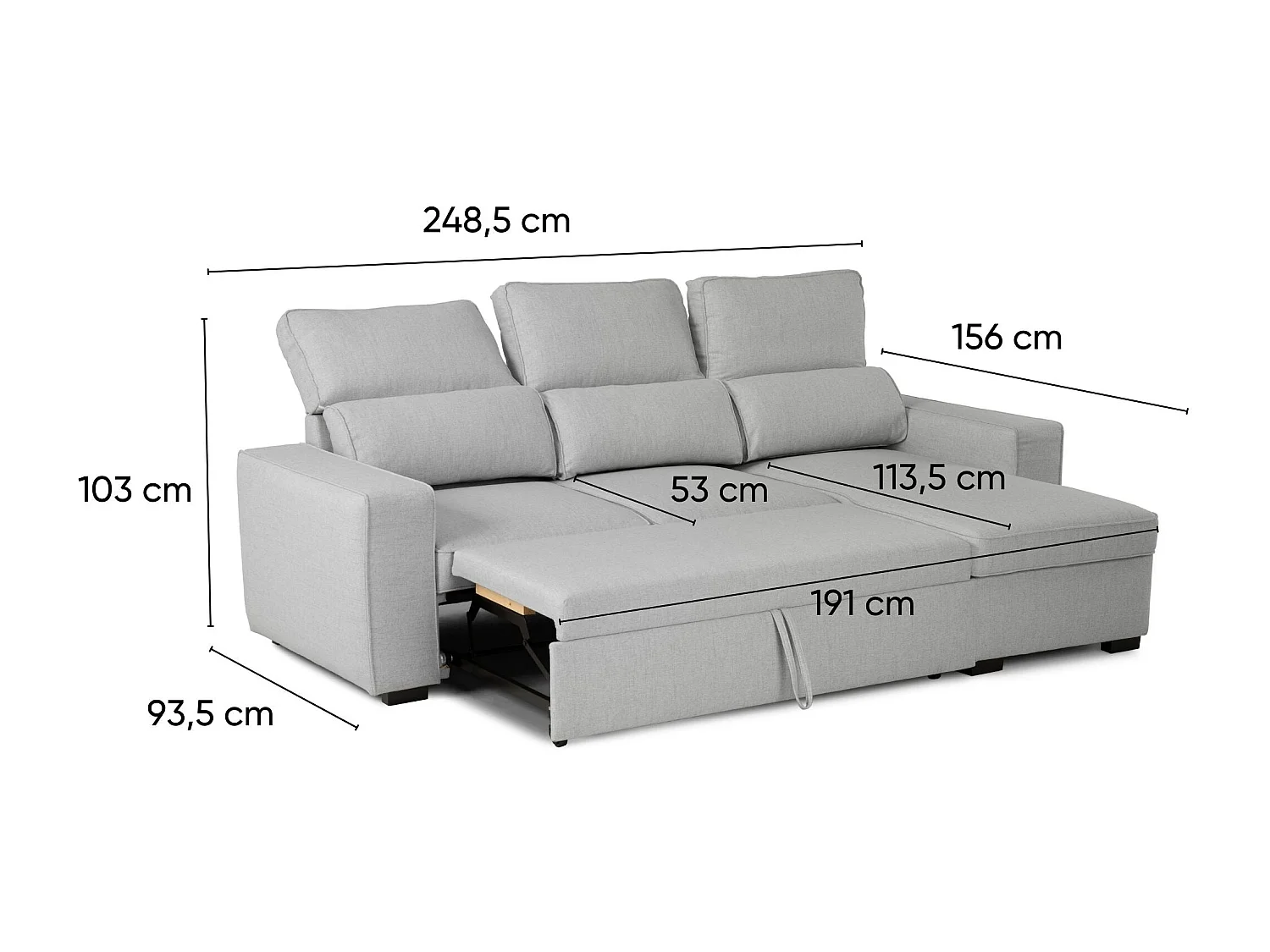 Canapé-lit 3 Places Gris - Chaise Longue Réversible Côté Droit/Gauche avec Rangement Intégré (248,5 x 117 x 103 cm) - HARPER