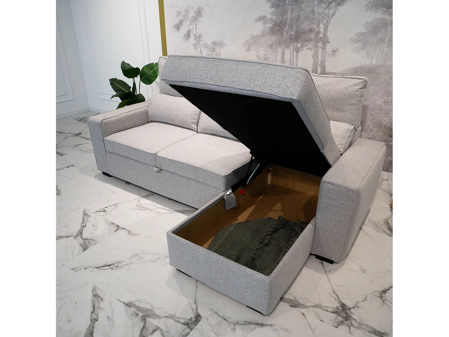 Canapé-lit 3 Places Gris - Chaise Longue Réversible Côté Droit/Gauche avec Rangement Intégré (248,5 x 117 x 103 cm) - HARPER