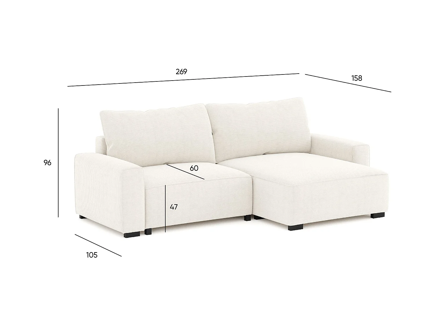BUDWING Canapé-Lit Chaise Longue Lauren Beige - 4 Places - 269x158x96 cm